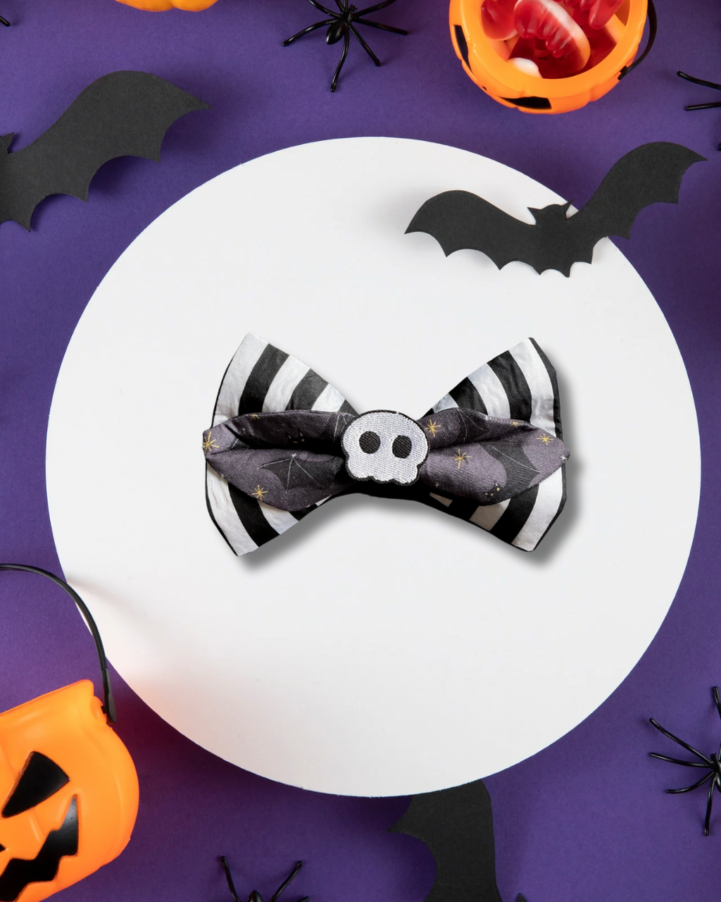 Black & White Striped Oversized Skull Patch Bow