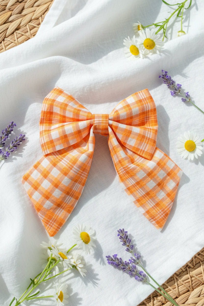 Orange Gingham Dog Sailor Bow