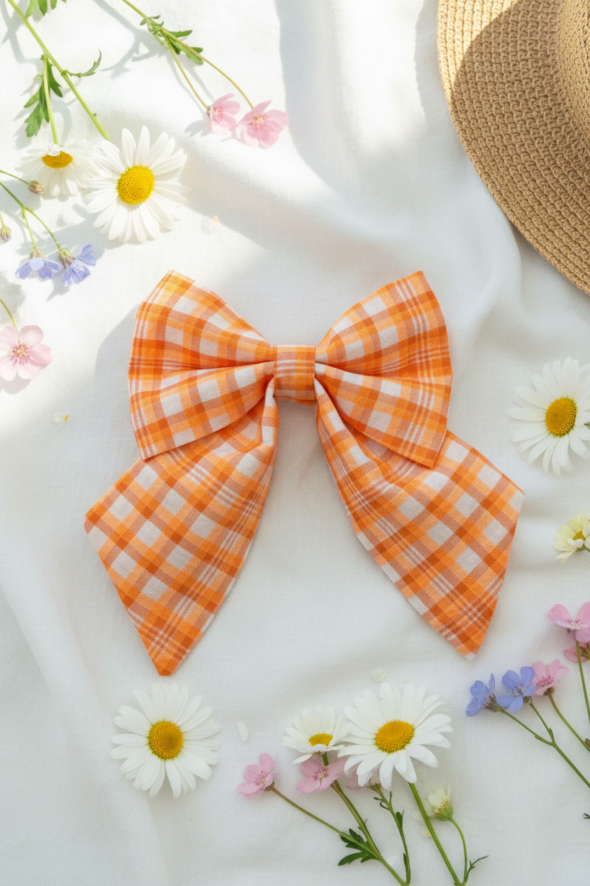 Orange Gingham Dog Sailor Bow