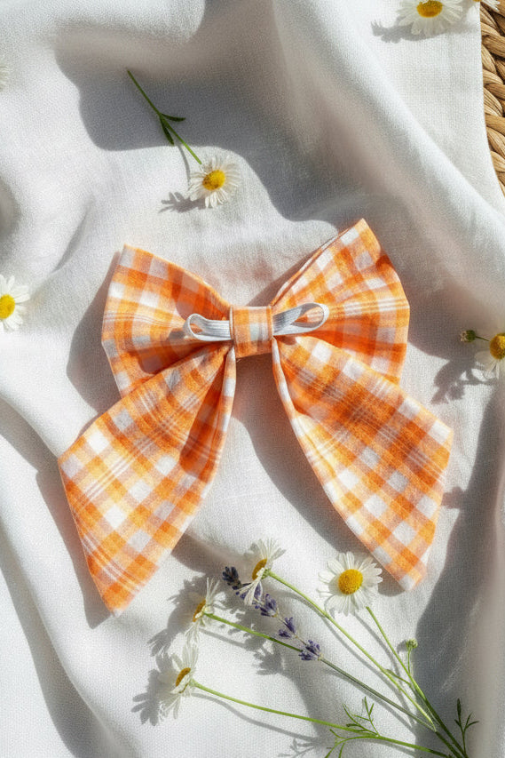 Orange Gingham Dog Sailor Bow