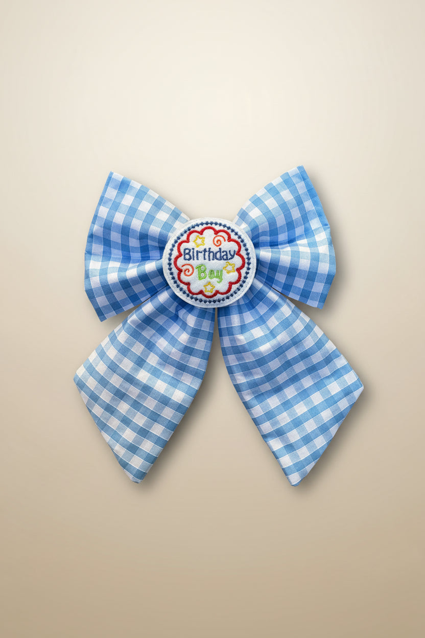 Birthday Boy Dog Sailor Bow – Blue Gingham Birthday Dog Bow
