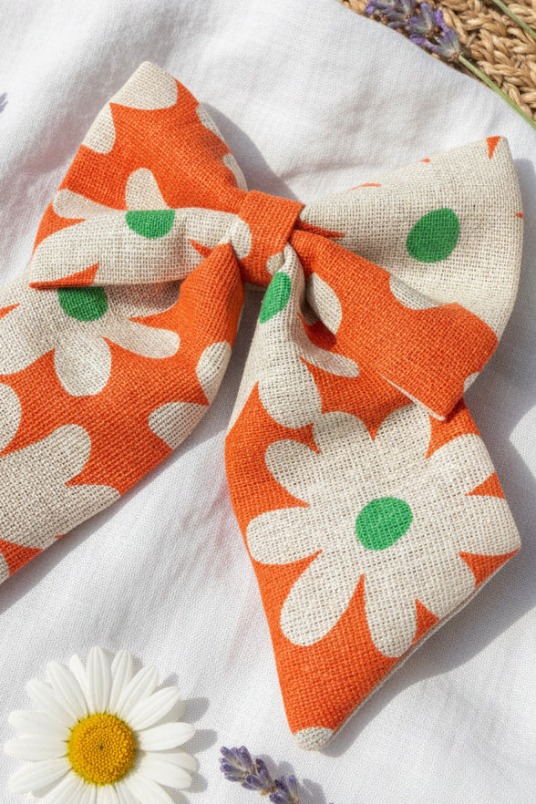 Linen Dog Sailor Bow - Orange Daisy