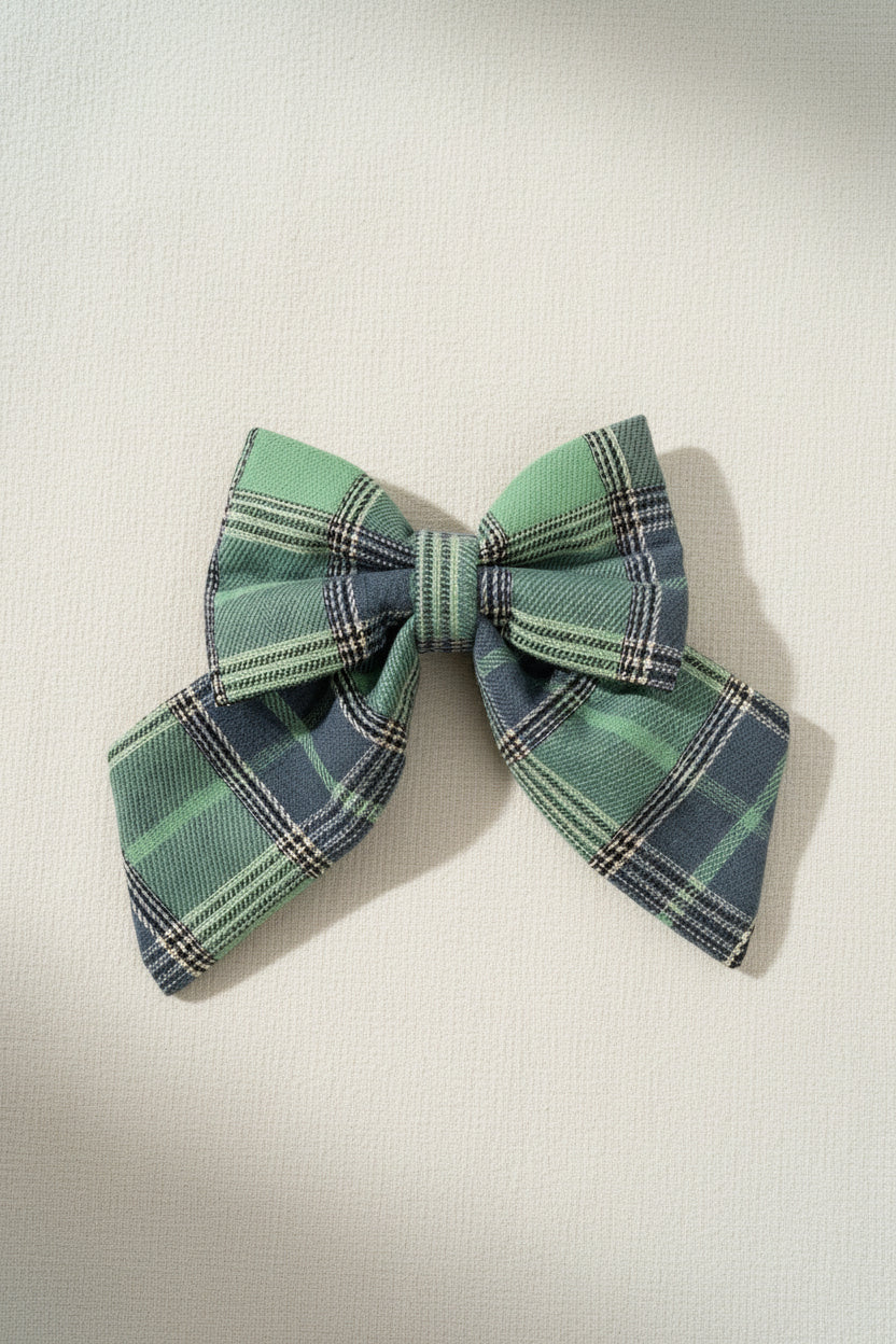 Heritage Hound - Sage & Slate Plaid Sailor Bow