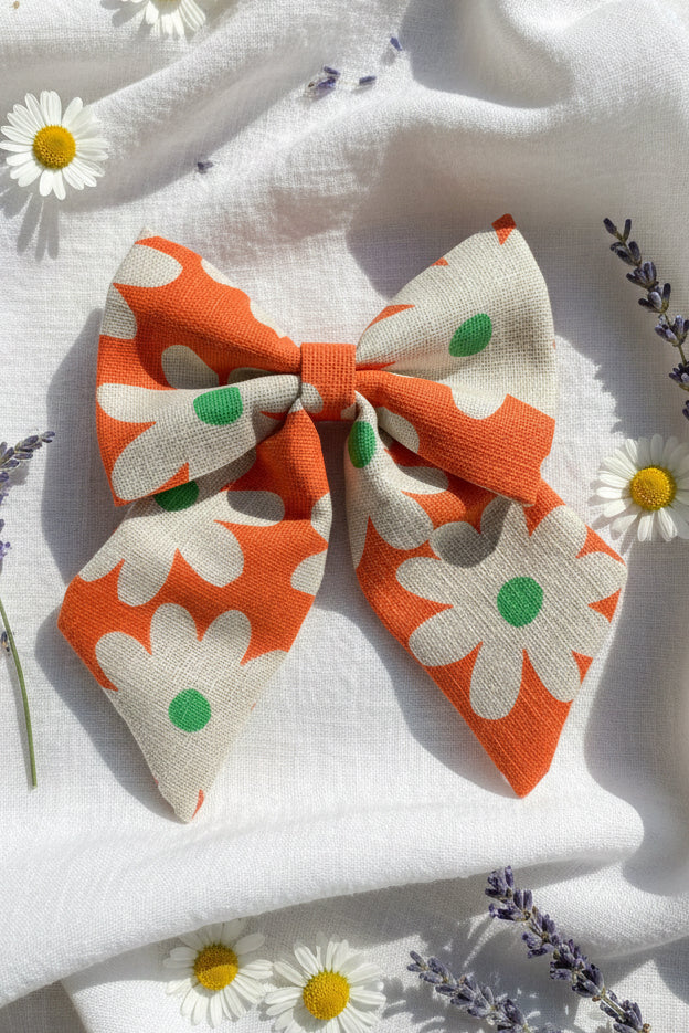 Linen Dog Sailor Bow - Orange Daisy