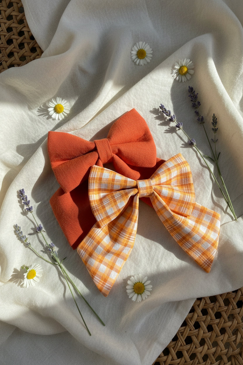 Orange Gingham Dog Sailor Bow
