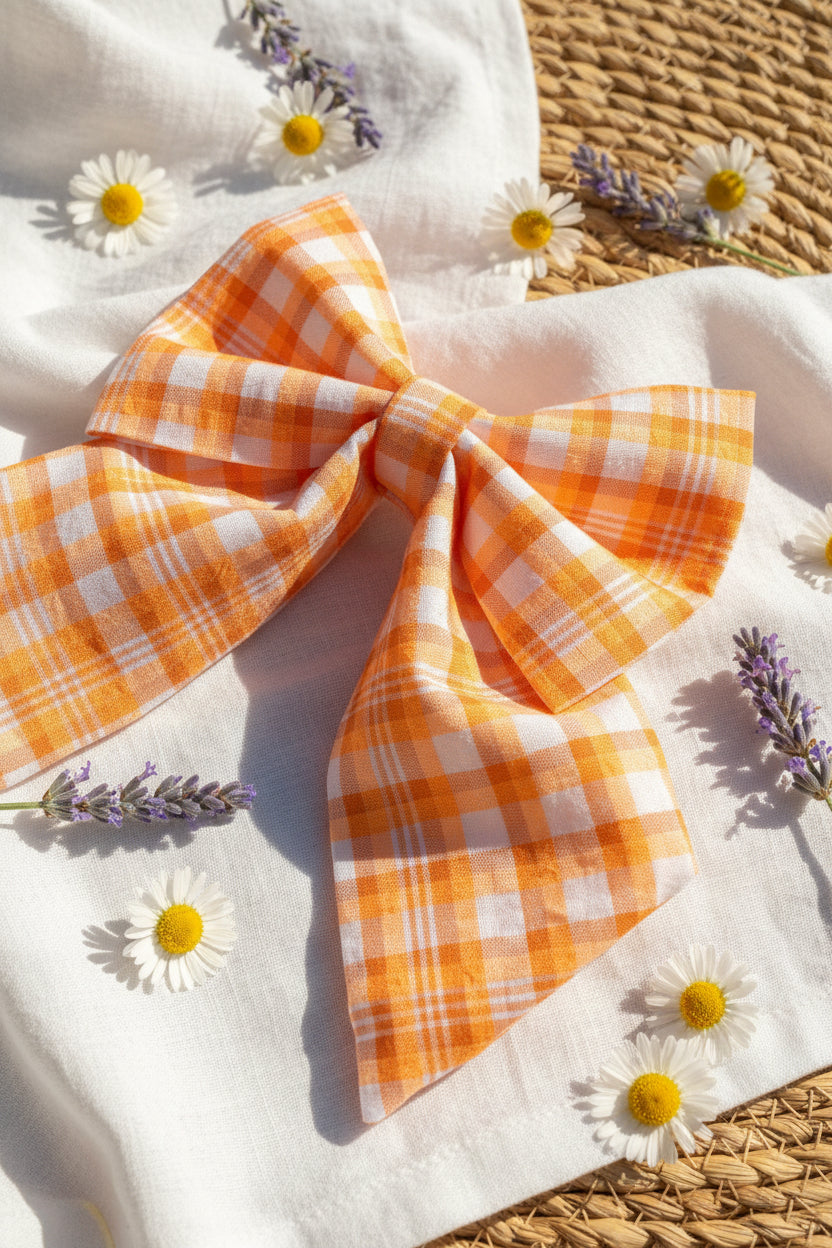 Orange Gingham Dog Sailor Bow