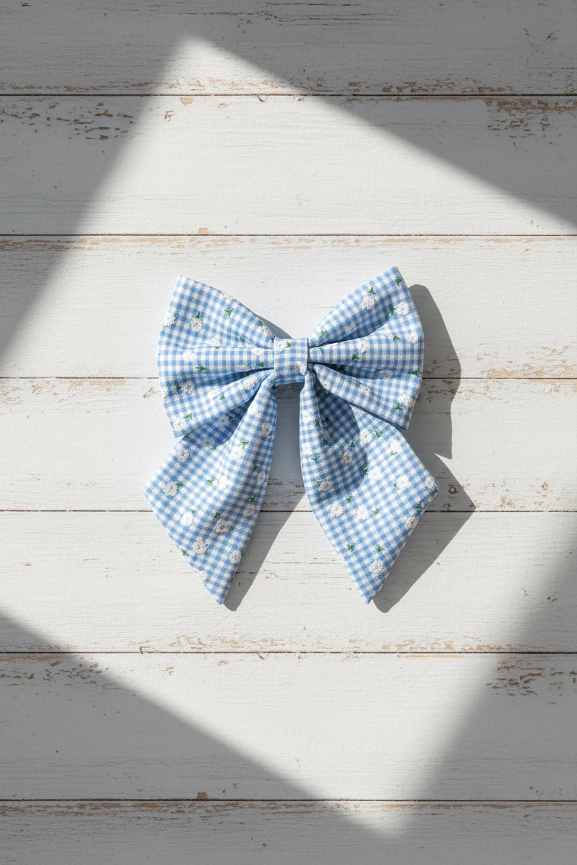 Picnic Pals - Blue Floral Gingham Sailor Bow
